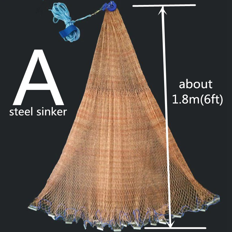 Fishing net with steel sinker labeled and measurement on a black background
