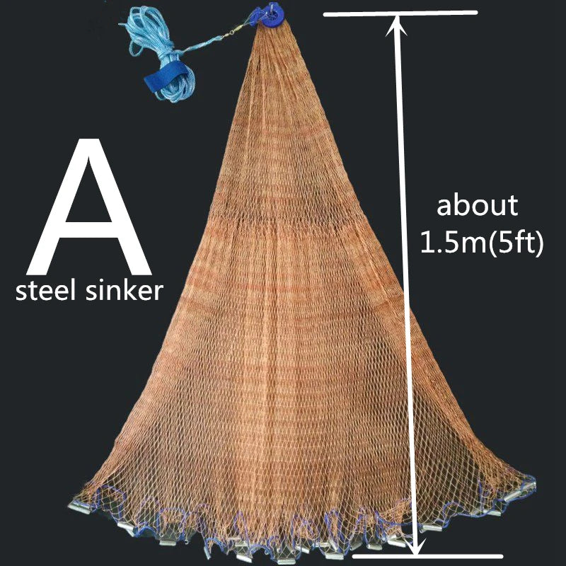Fishing net with steel sinker and measurement details on a black background