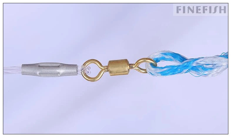 Fishing line with a brass swivel and clear connector on a light purple background, branded 'FINEFISH'.