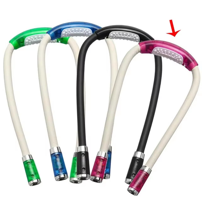 A collection of flexible neck reading lamps with various color combinations, including blue, green, pink, white, and red.