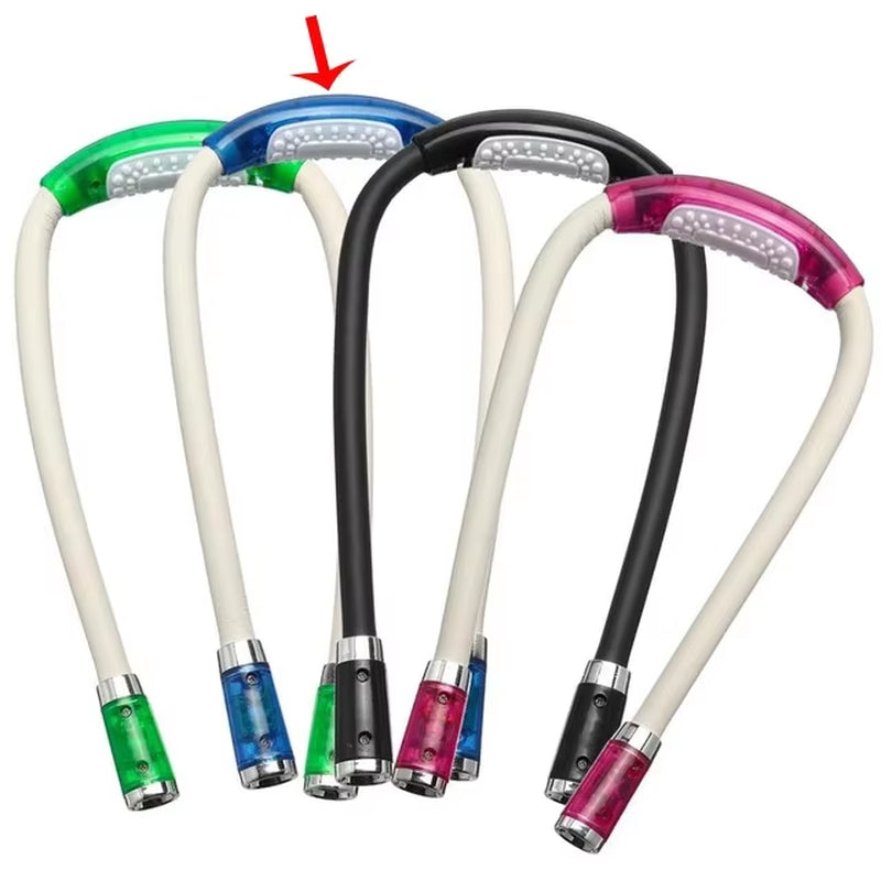 A collection of flexible neck reading lamps with various color combinations, including blue, green, pink, white, and red.