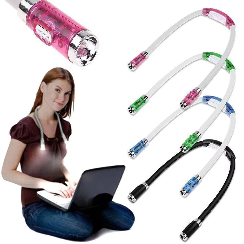 Flexible neck reading and crocheting light shown in colors pink, green, blue, and classic black, additionally with a girl on a laptop displaying the functionality of the LED flexible neck hands free lamp light.