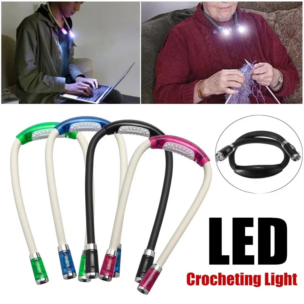 Crocheting, knitting, and working late night in the dark, featured applications for using the LED flexible neck adjustable crocheting light.