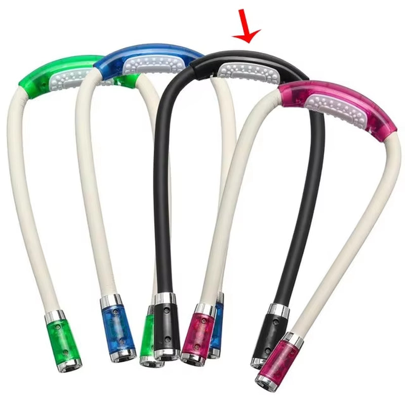 A collection of flexible neck reading lamps with various color combinations, including blue, green, pink, white, and red.