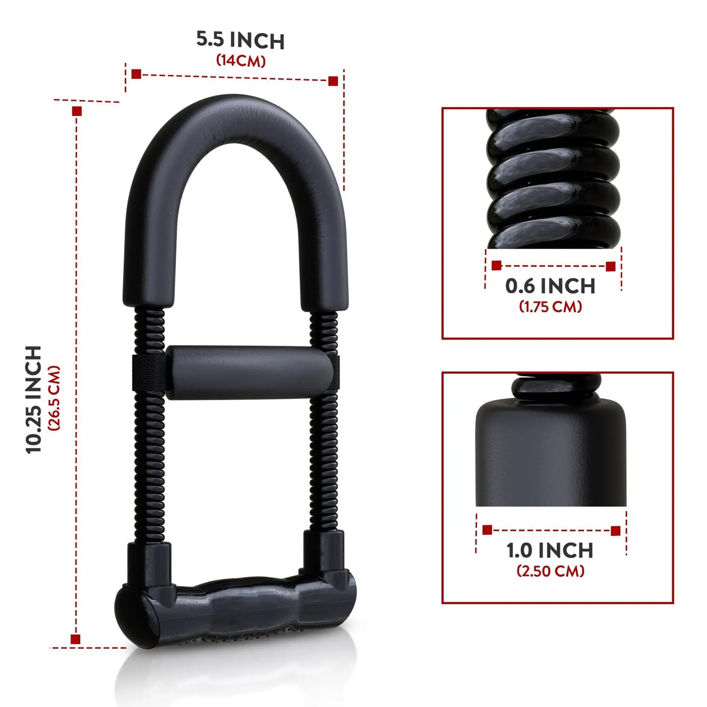 Black hand gripper with measurements on a white background