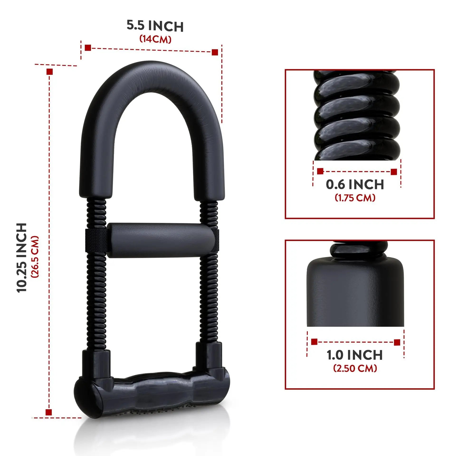 Black hand gripper with measurements on a white background