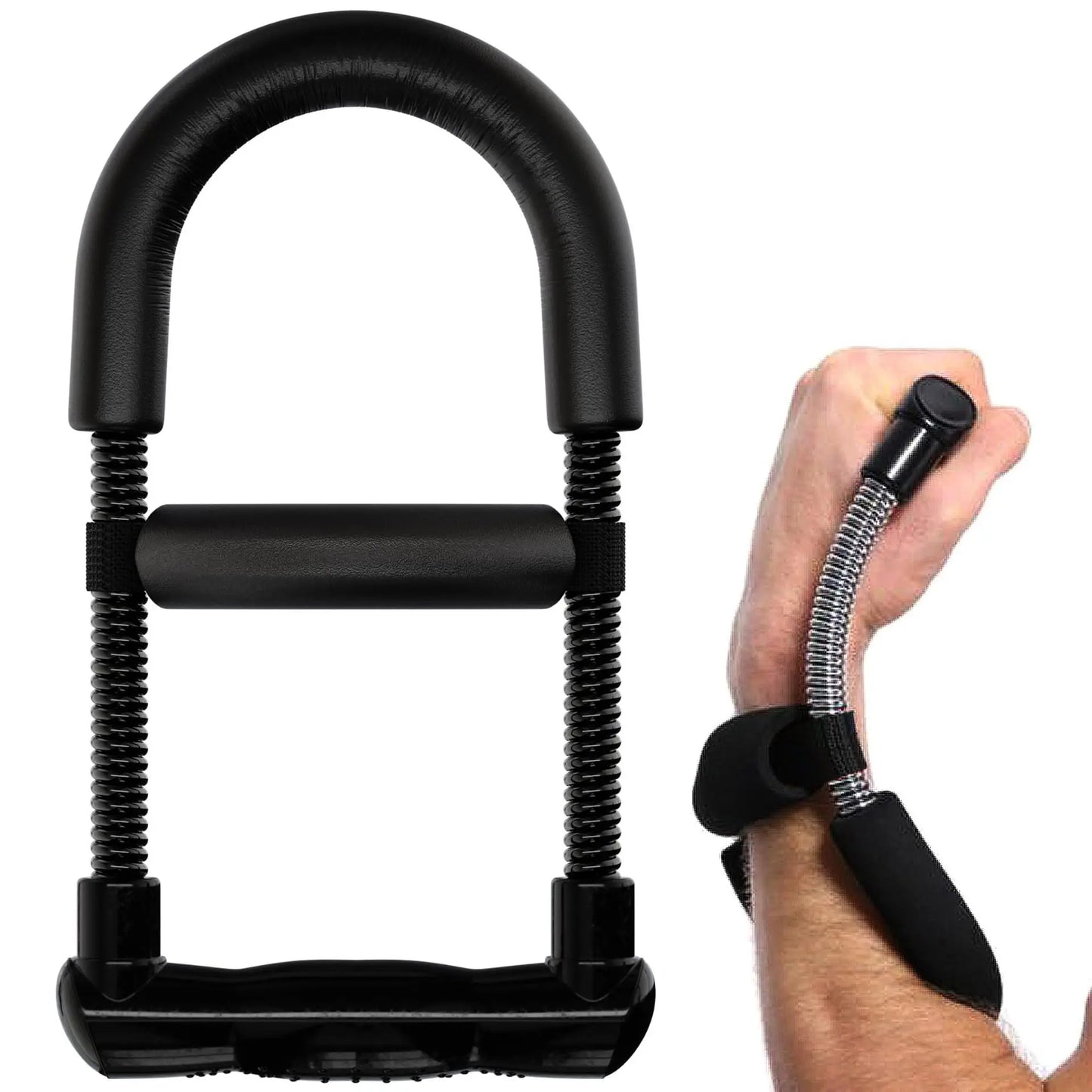 Black hand gripper being used by a person on a white background
