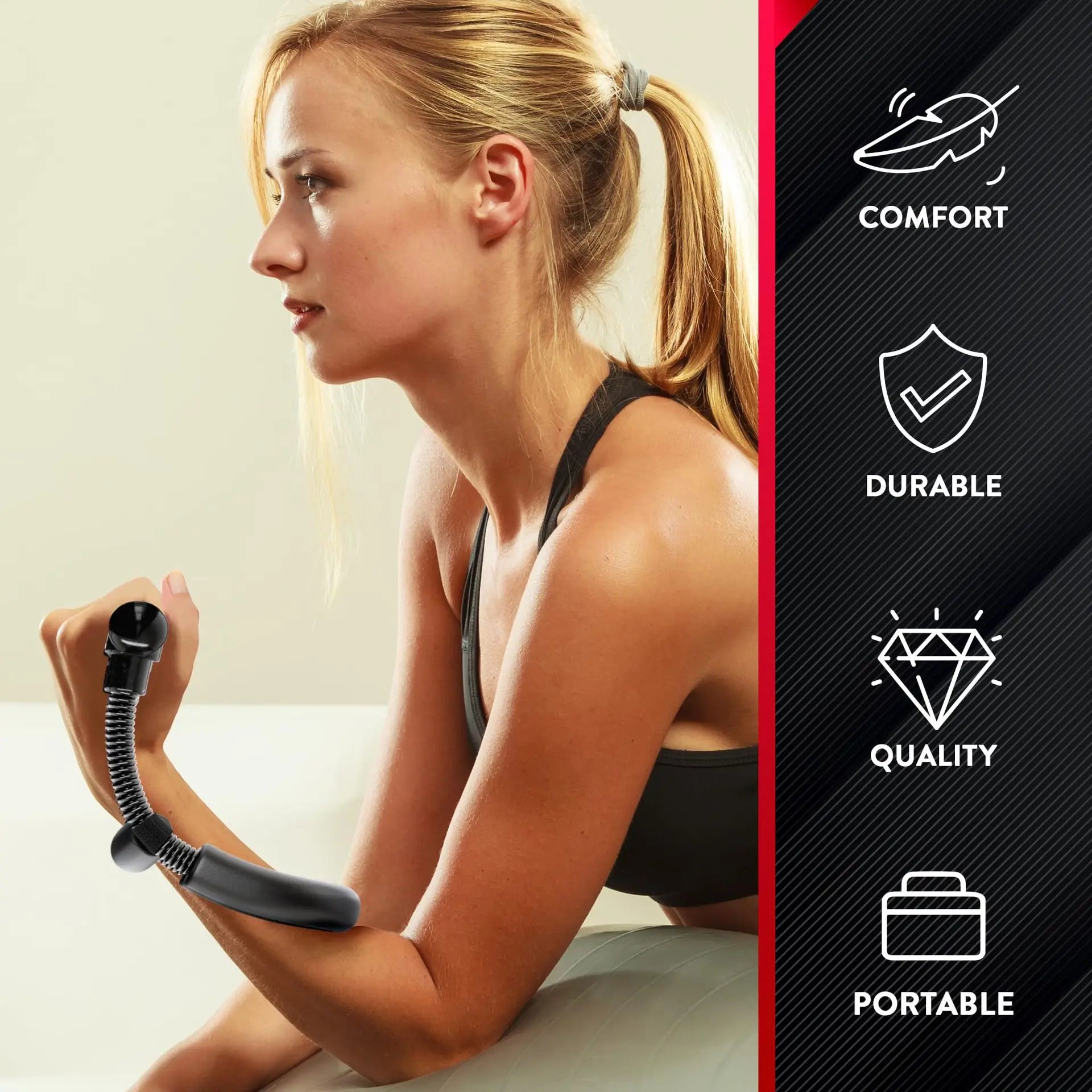 Woman using a forearm workout training device with attributes listed on the right.