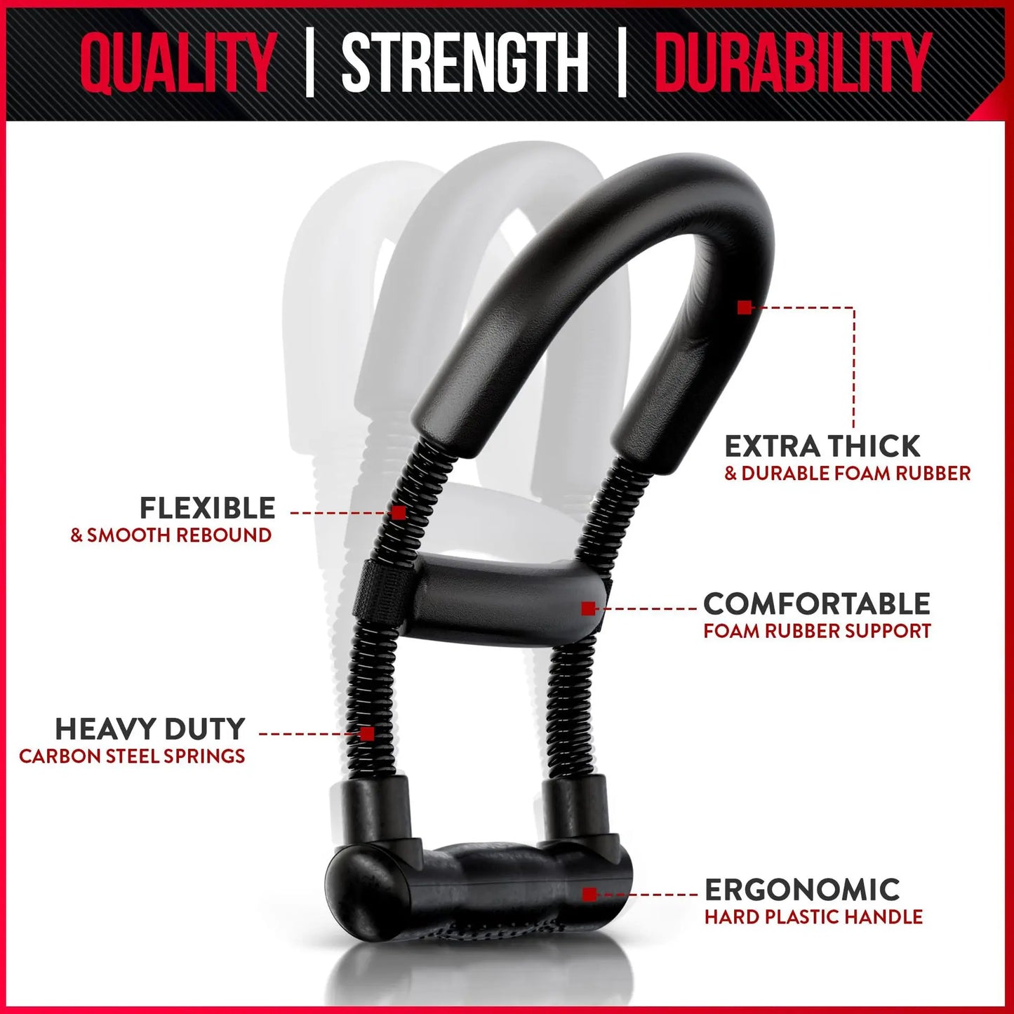 Black hand gripper with text highlighting features on a white background