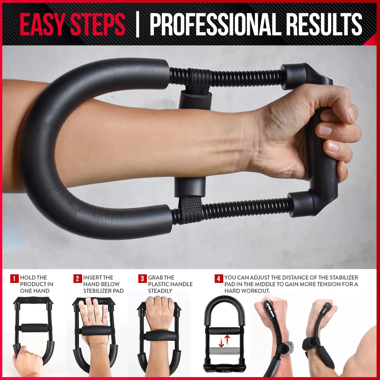 Hand exerciser with step-by-step instructions on a gray background