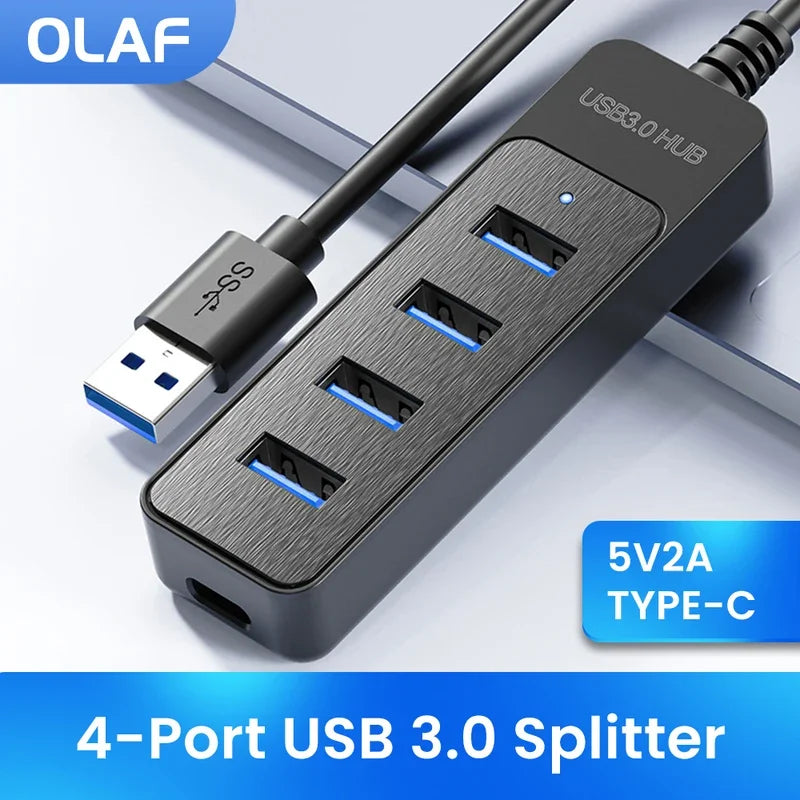 4-port USB 3.0 splitter with Type-C cable on a white background, featuring the brand 'OLAF'.