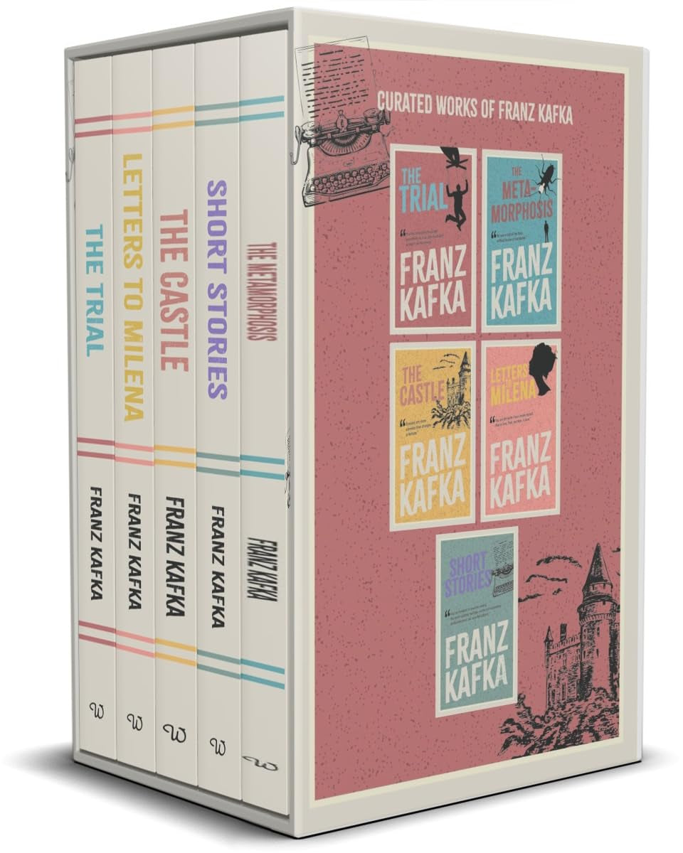 Book collection image showing back of book case and book spines from "Curated Works of Franz Kafka (5) Book Collection Box Set" featuring the box set of Curated Works of Franz Kafka, featuring five books with color-coded spines and a stylized design.
