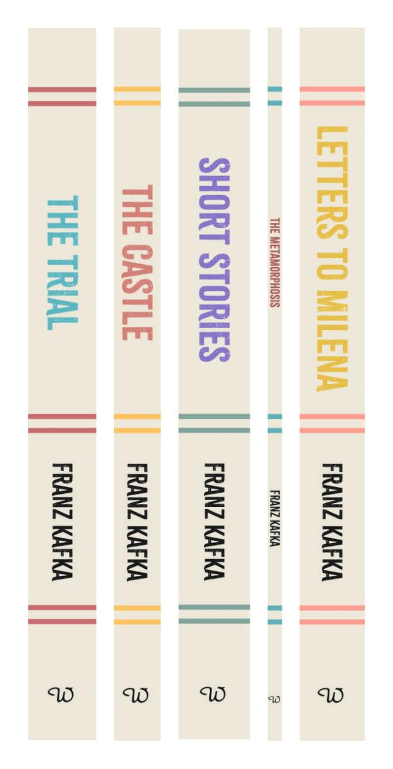 Display of book box set 'Curated Works of Franz Kafka (5) Book Collection Box Set' collection from angle showing book spines.
