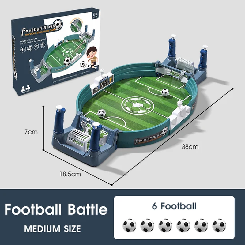 Tabletop football game with packaging, soccer balls, and dimensions displayed.