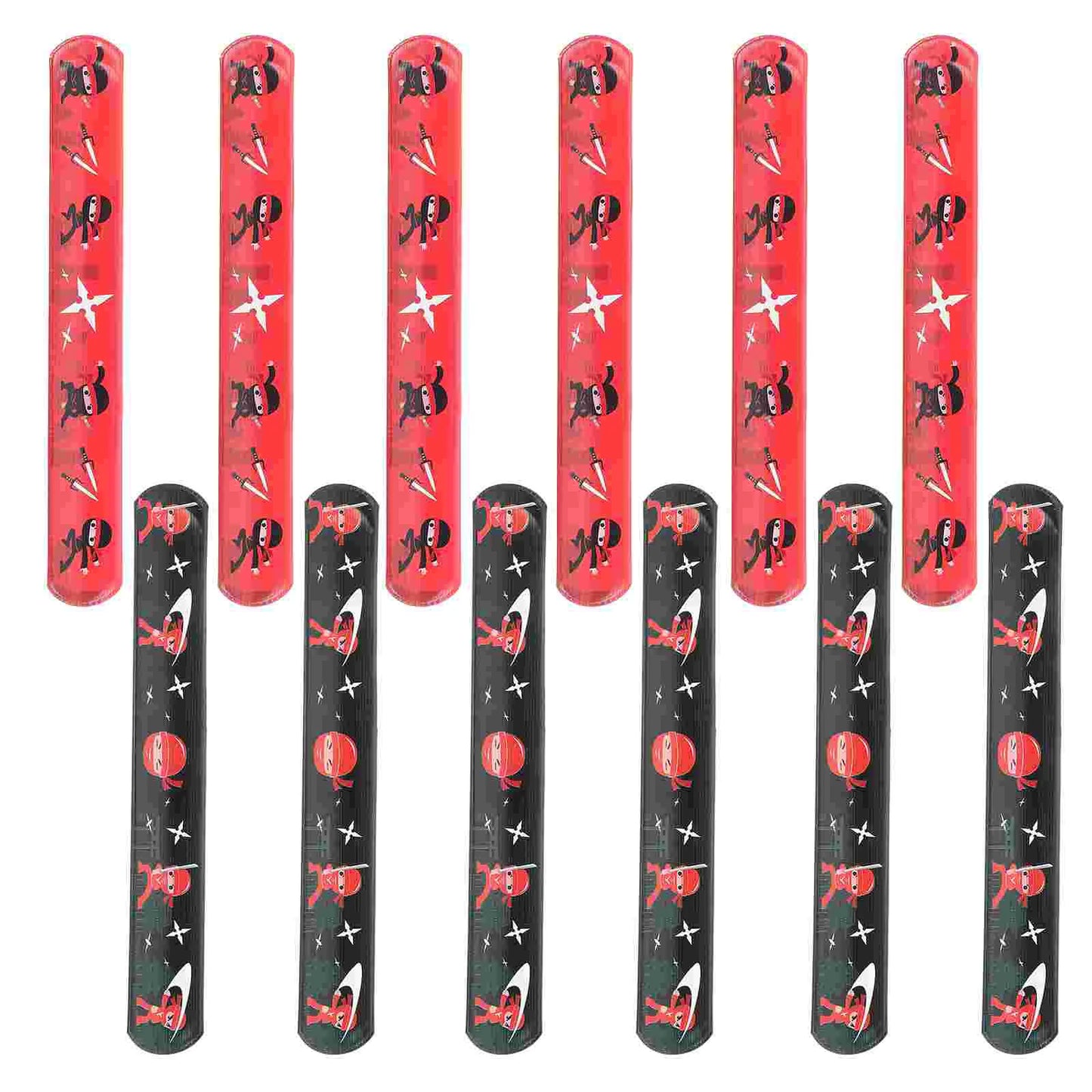 Set of red and black slaps ninja slap snap bracelets with cartoon character design ninjas on a white background
