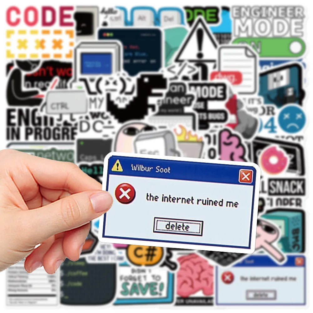 Hand holding a card with 'the internet ruined me' text in front of a collage of computer-themed stickers.