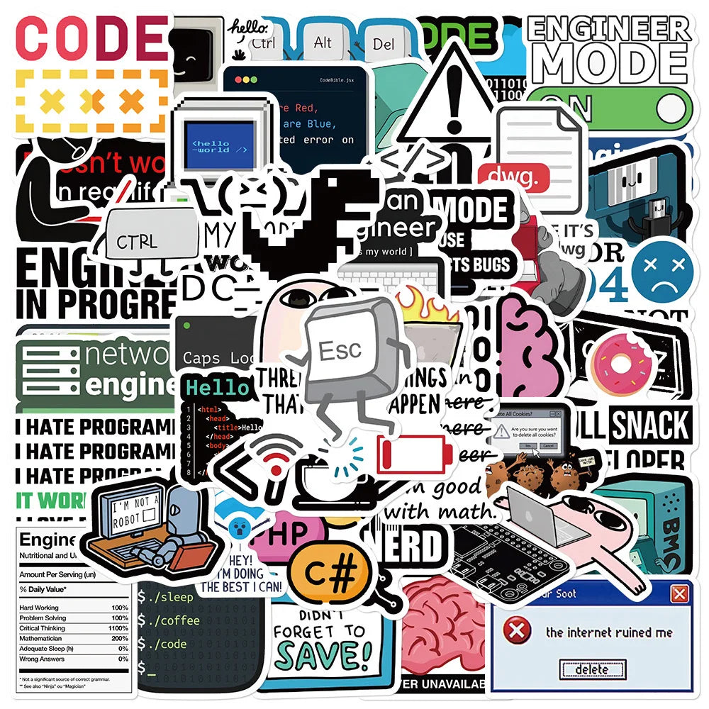 Collection of computer-themed stickers with various graphics and text on a white background