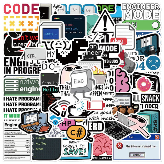 Collection of computer-themed stickers with various graphics and text on a white background