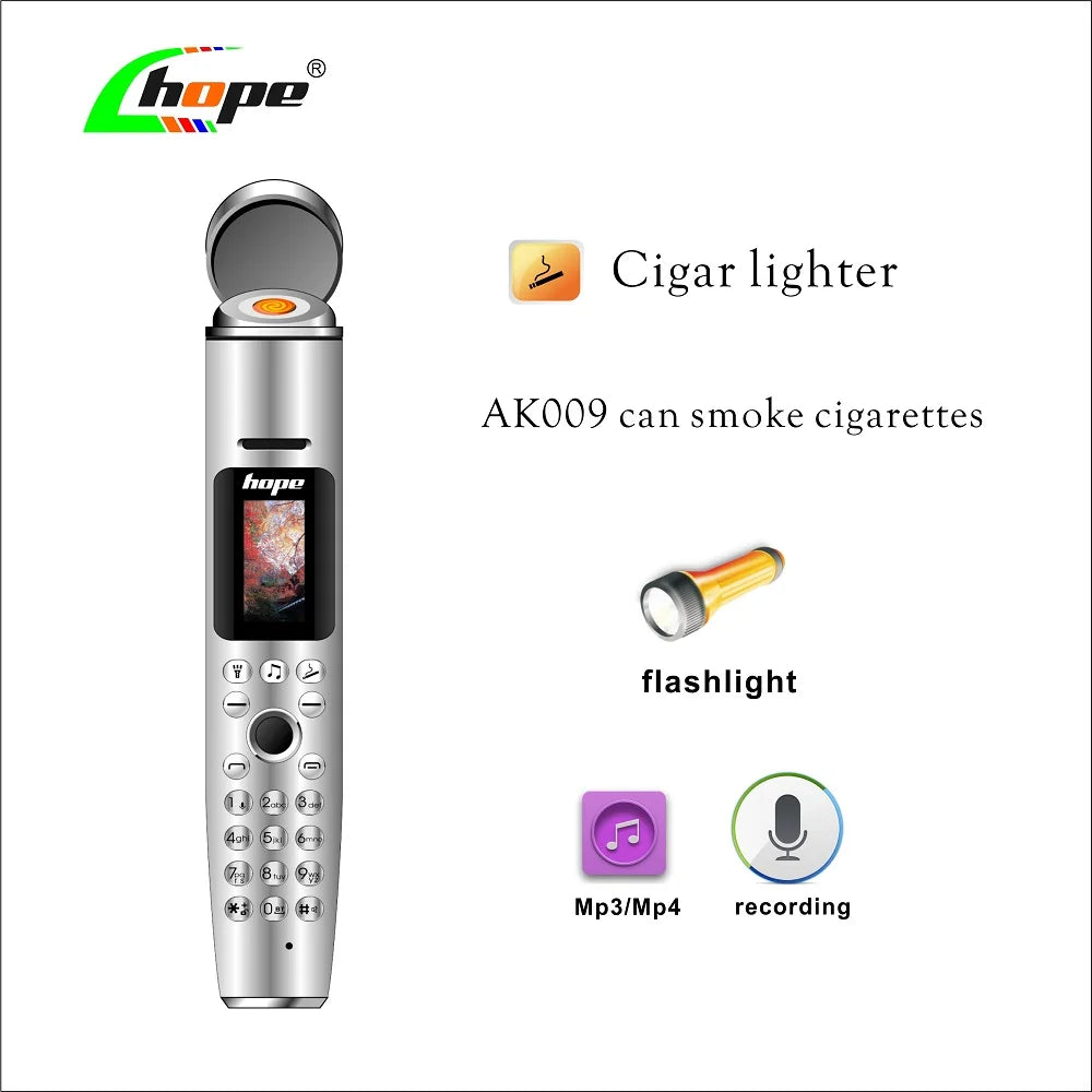 Multifunction novelty phone with built-in lighter, Bluetooth, flashlight, MP3/MP4 player, and voice changer.