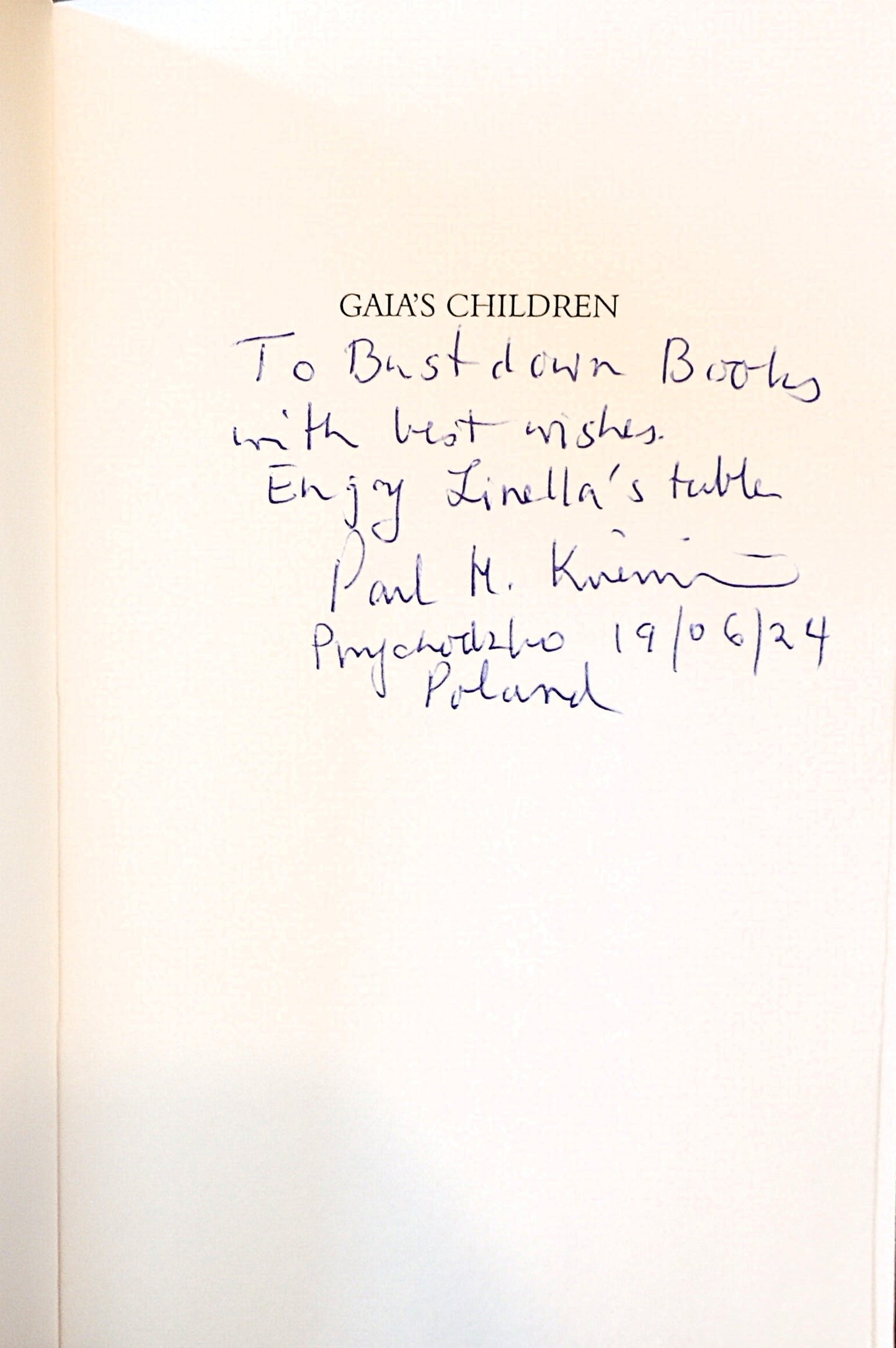 Signed title page of Gaia's Children dedicate to Bust-Down Books