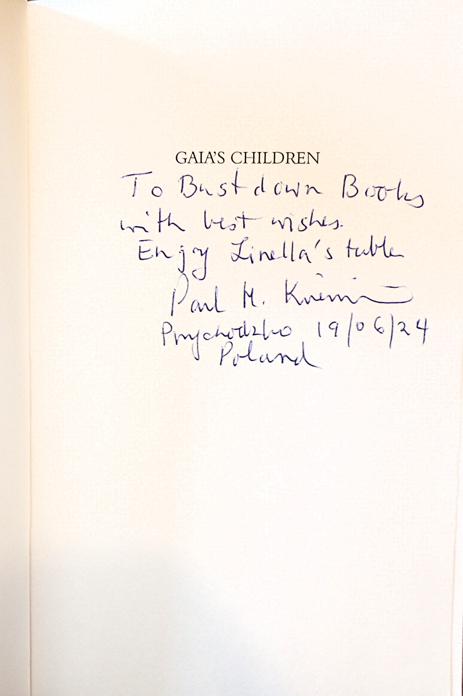 Signed title page of Gaia's Children dedicate to Bust-Down Books