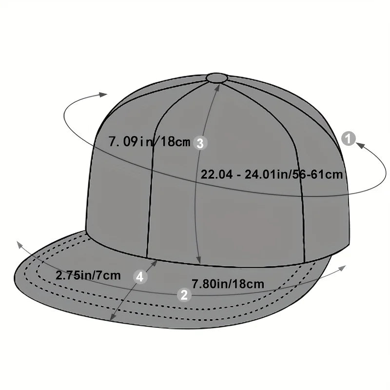 Measurement snapback cap model with dimension measure markings on a white background.