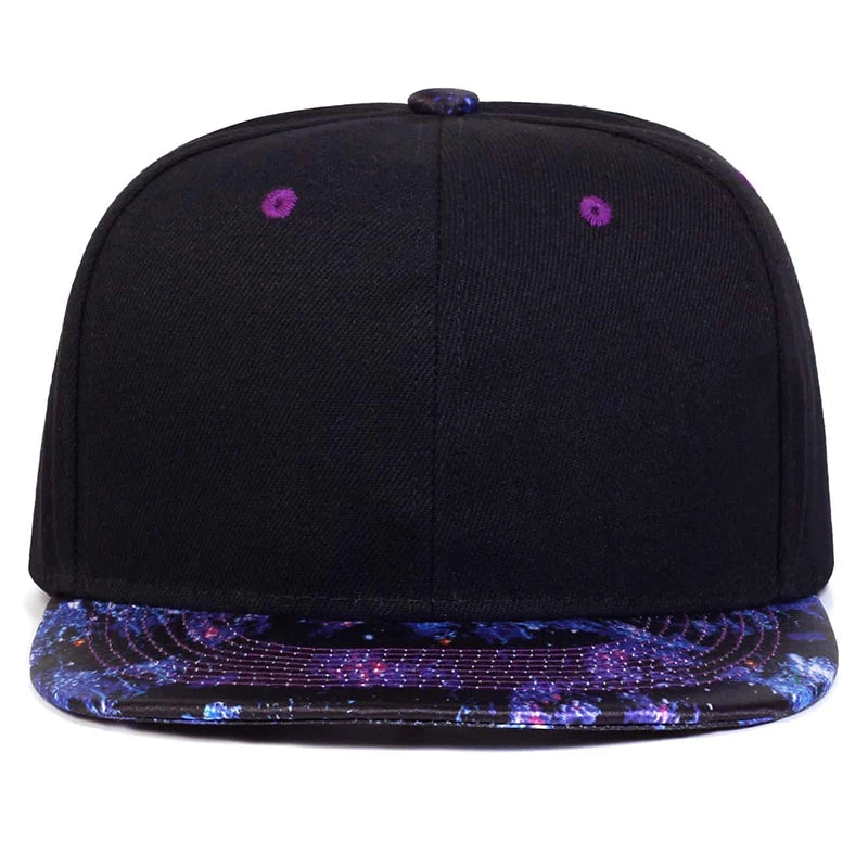 Black cap with a colorful, galaxy patterned brim on a white background