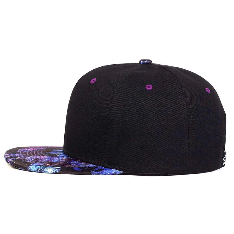 Black Galaxy snapback cap with a colorful, patterned brim on a white background