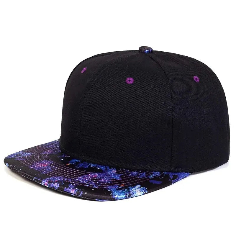 Black cap with a colorful galaxy-patterned brim on a white background