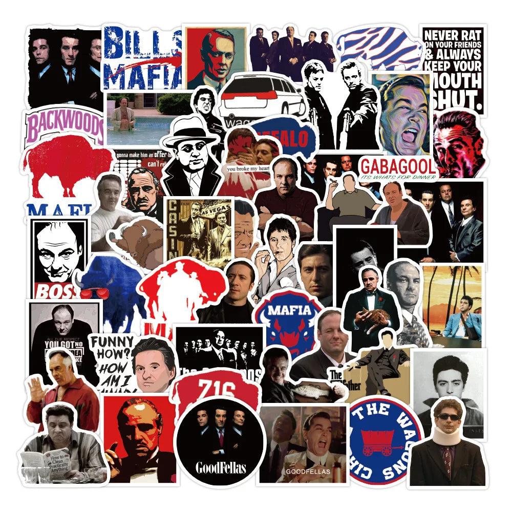 Collection of stickers featuring various images and text related to 'The Godfather' and 'Goodfellas'.