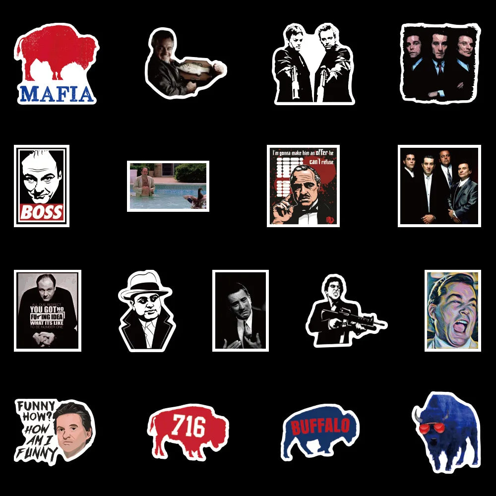 Collection of stickers featuring various designs on a black background
