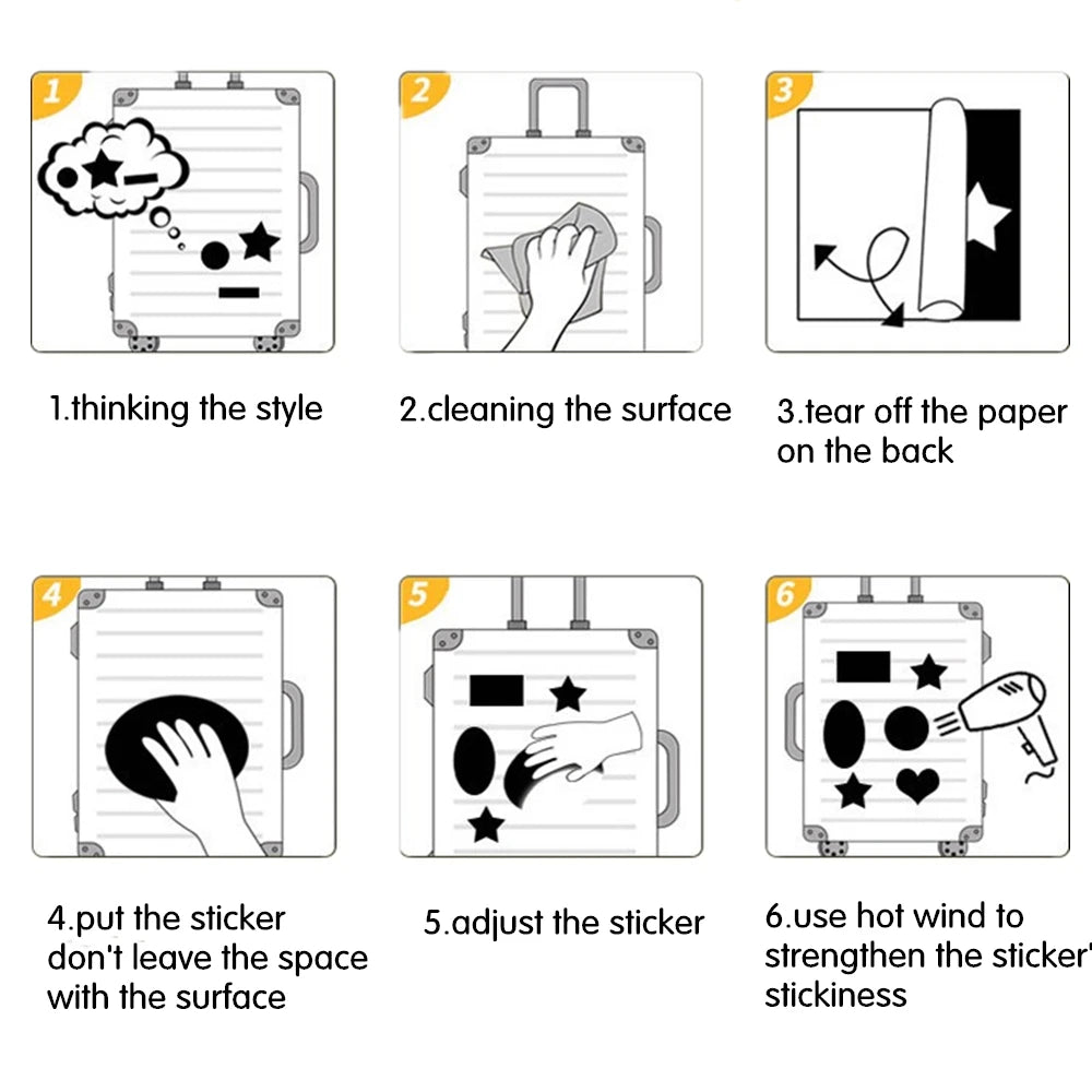 Step-by-step guide on applying stickers to a suitcase with illustrations and text.