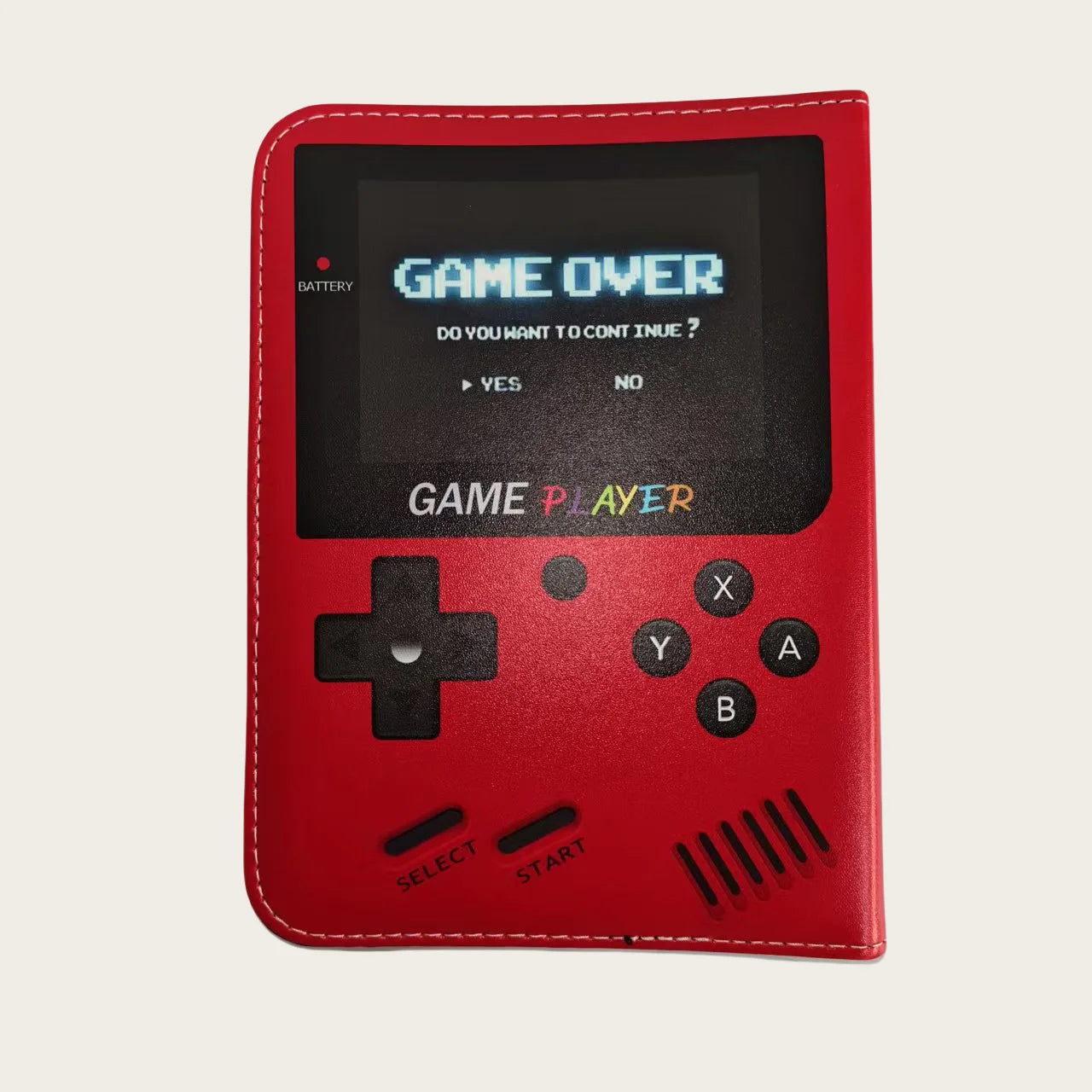 Red handheld gaming console with 'Game Over' screen on a light background