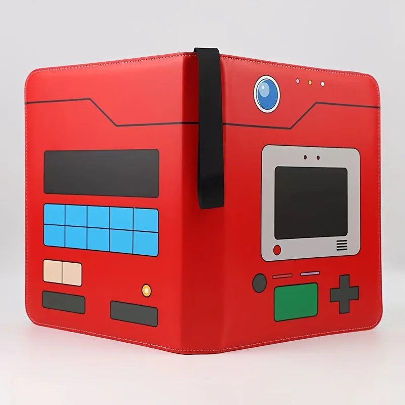 Red retro game console-shaped binder on a light background