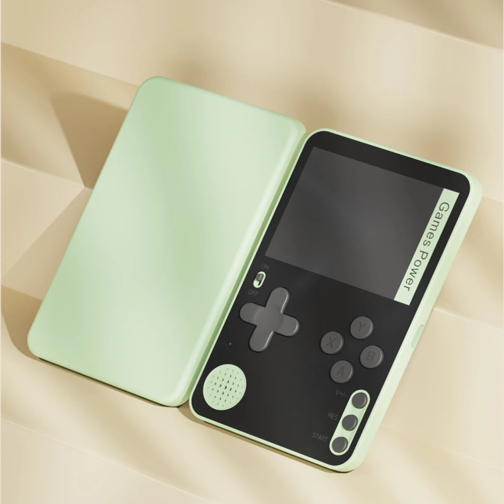 Retro handheld gaming console with a stylized cover.
