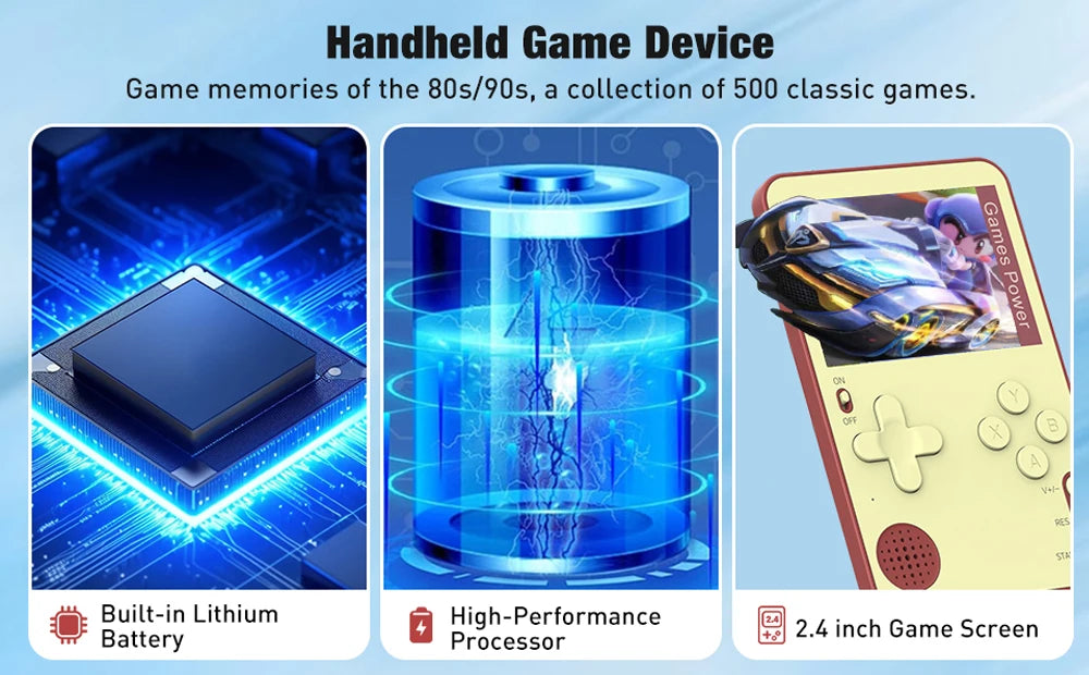 Handheld game device with features highlighted on a blue background