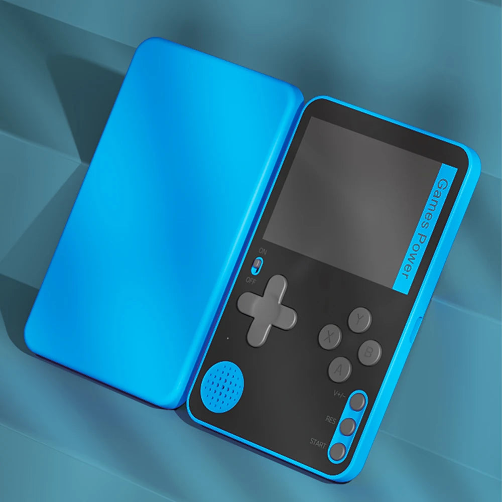 Blue handheld gaming console on a gradient blue background