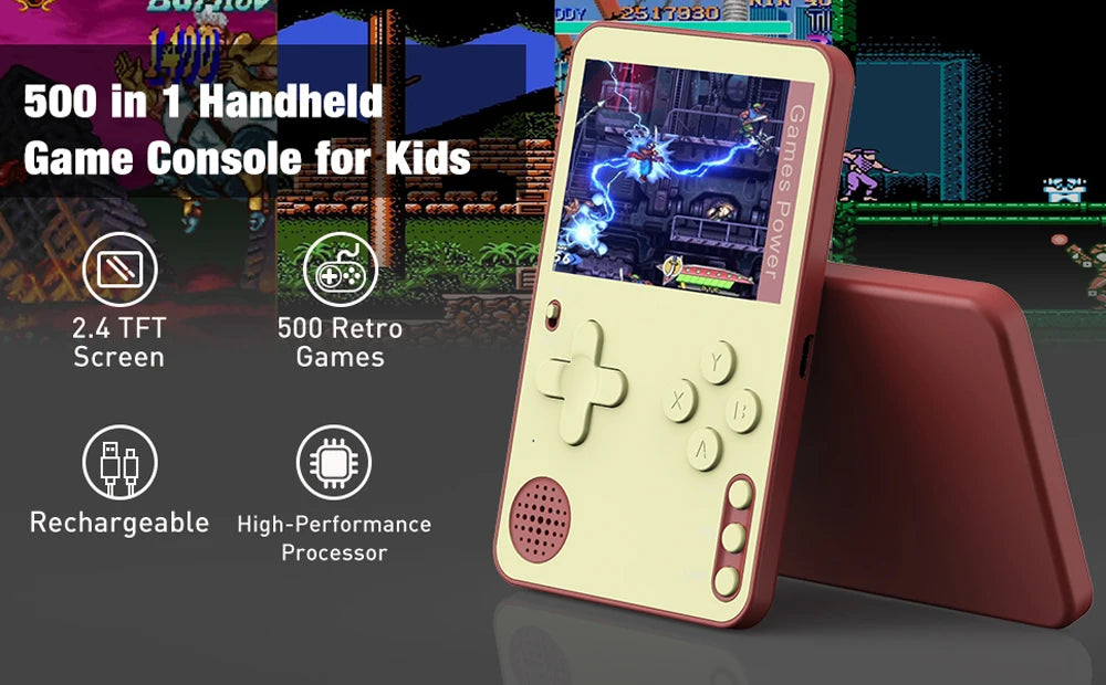 Handheld game console for kids with features listed on a colorful background