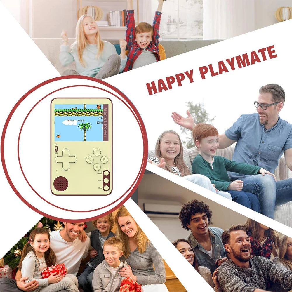 Collage of people playing with a handheld gaming device, with 'Happy Playmate' text.