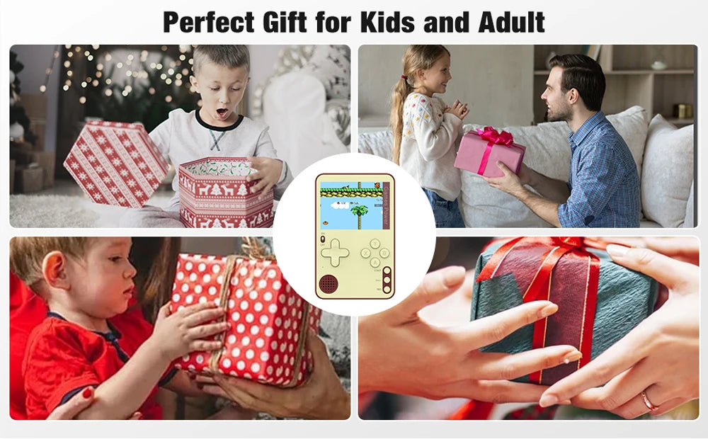 Collage of people opening gifts, including a small handheld gaming device, with text 'Perfect Gift for Kids and Adults.'
