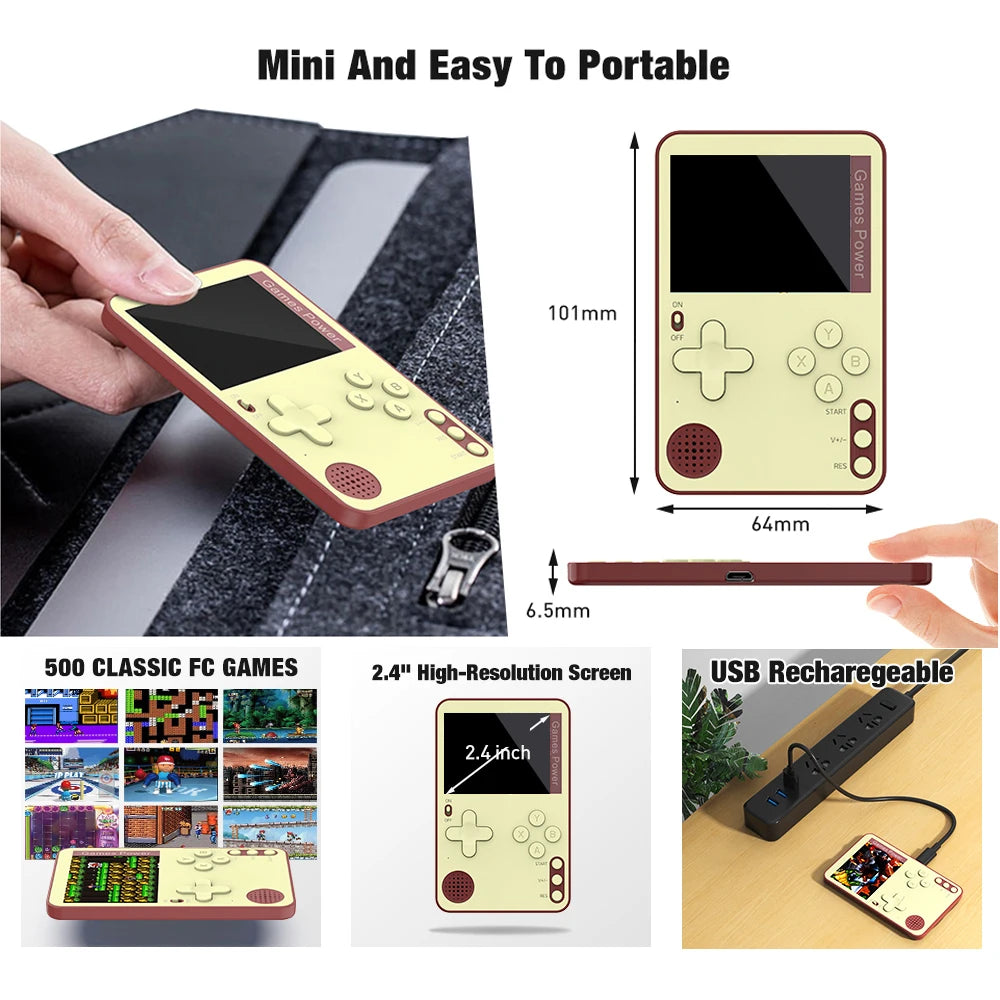 Portable retro game console with features highlighted on a white background