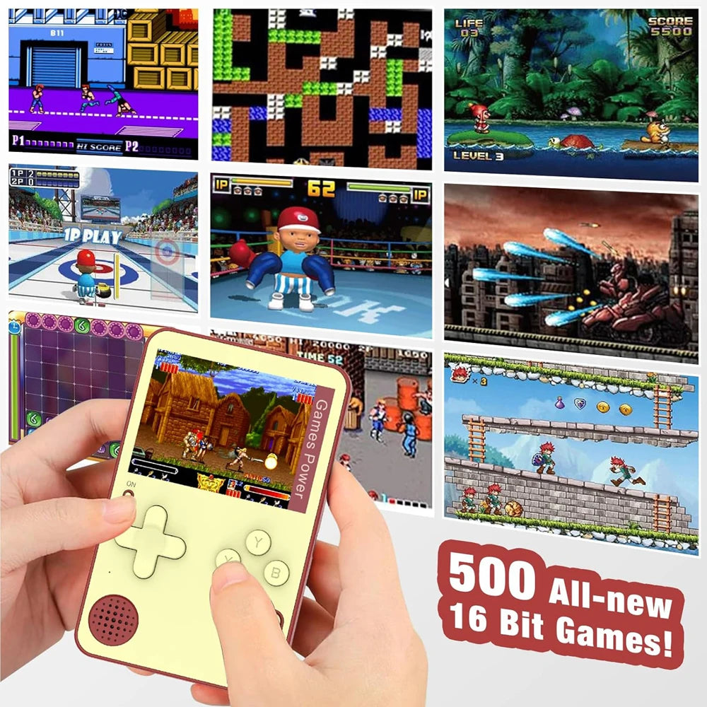 Handheld gaming console with a selection of classic games displayed on screen.