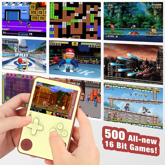Handheld gaming console with a selection of classic games displayed on screen.