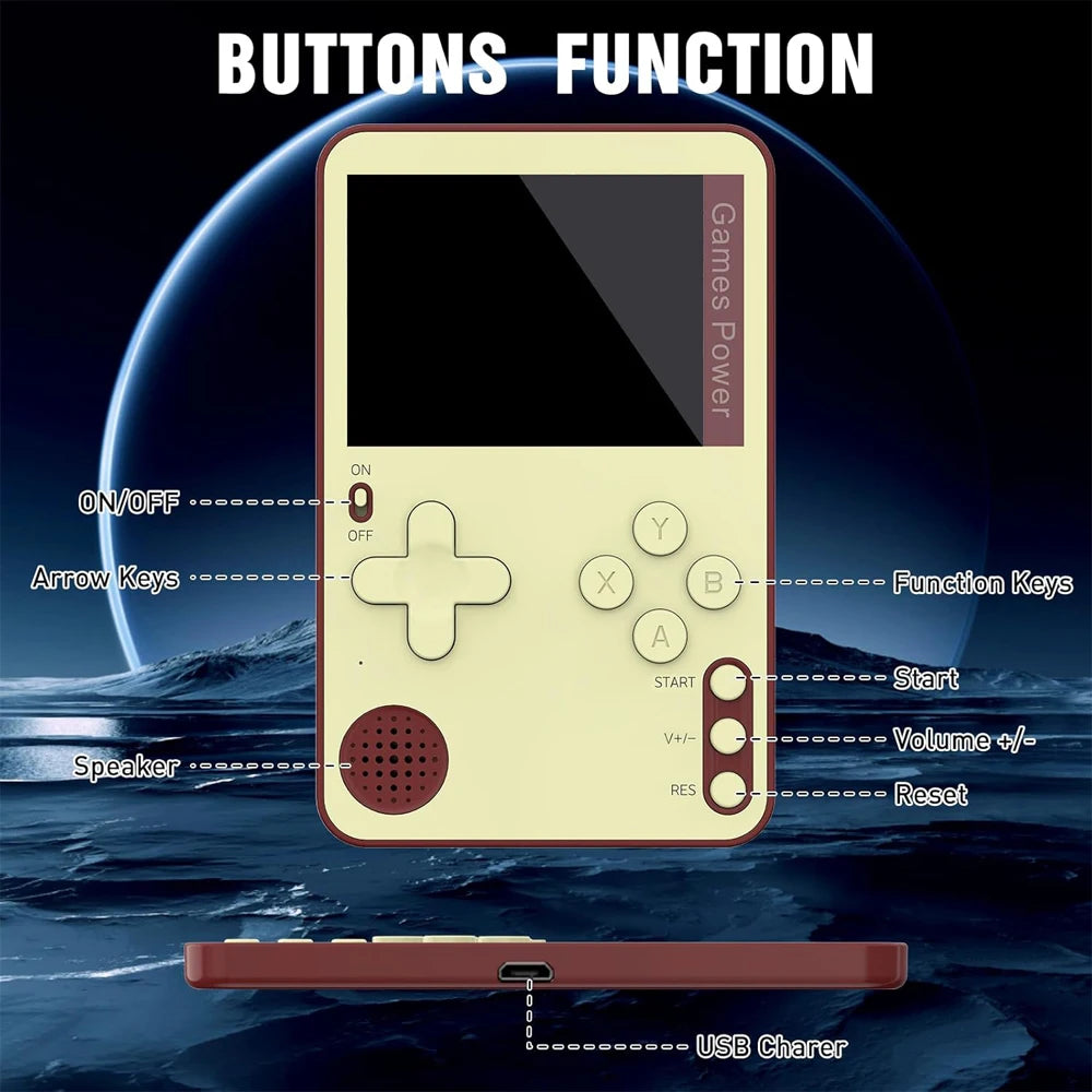 Vintage-style handheld gaming console with labeled buttons against a scenic background