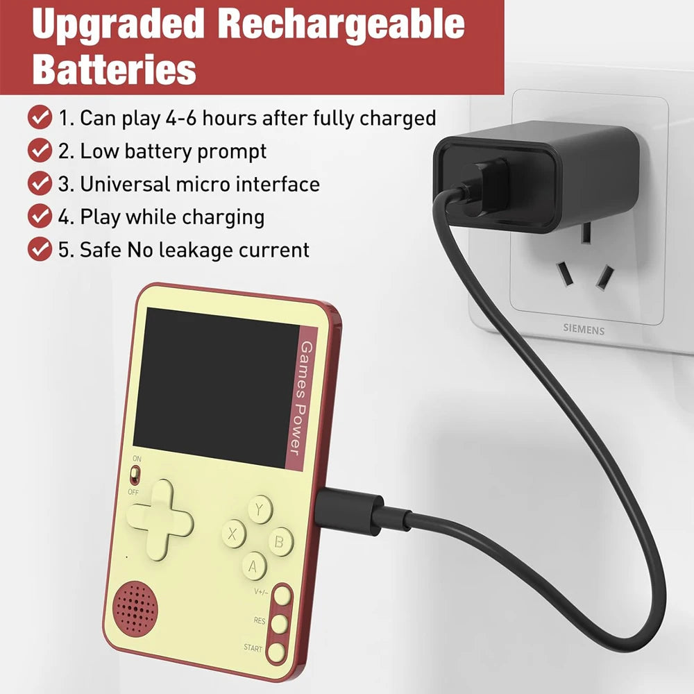 Handheld gaming console with charging cable plugged into a wall socket, featuring text on upgraded rechargeable batteries.