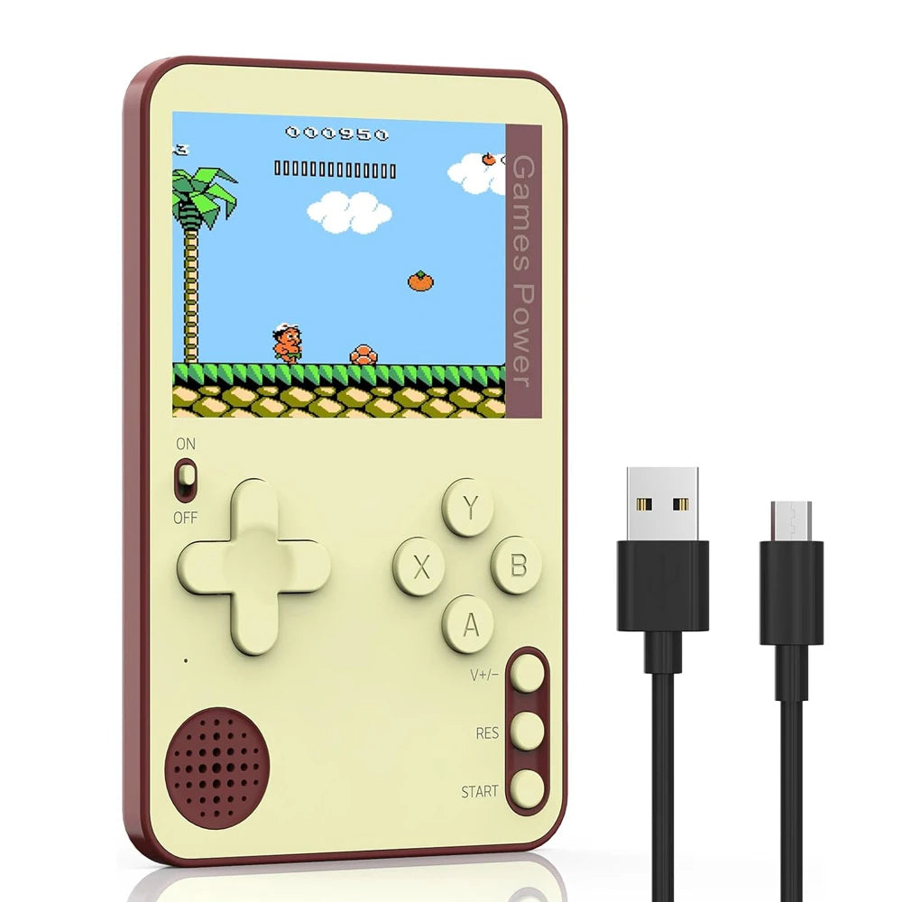 Handheld game console with classic design and USB cable on a white background