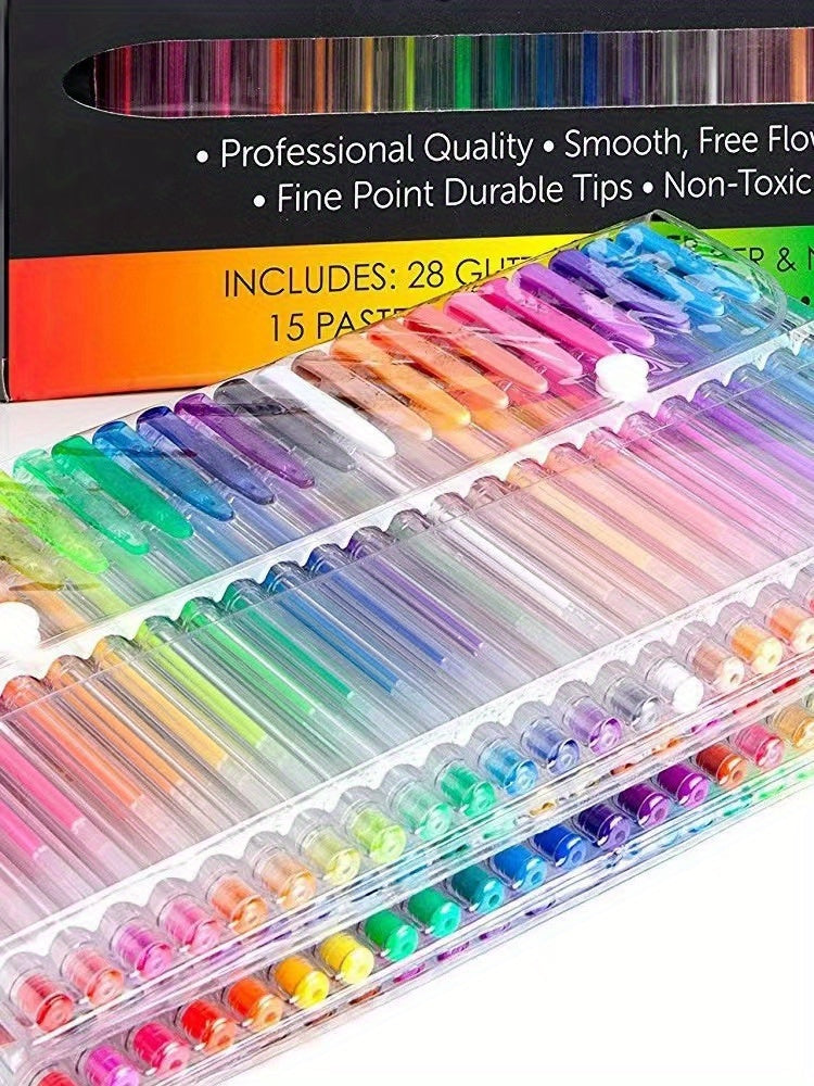 Set of colorful gel pens in a transparent case with packaging in the background.