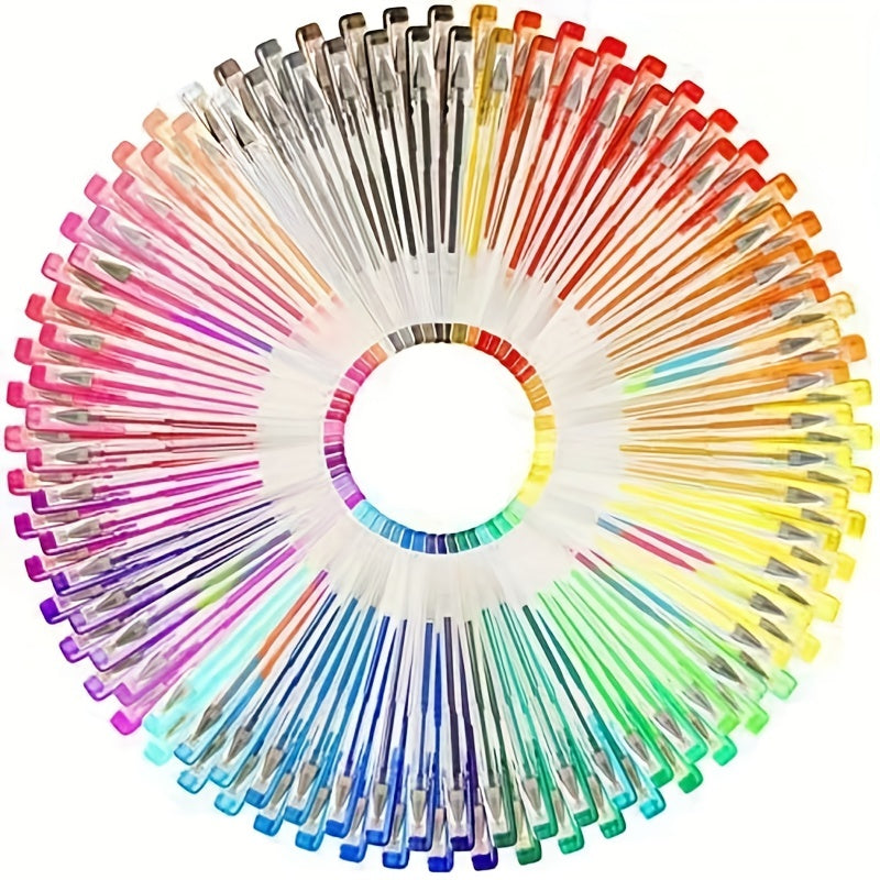 Circular arrangement of colorful gel pens on a white background