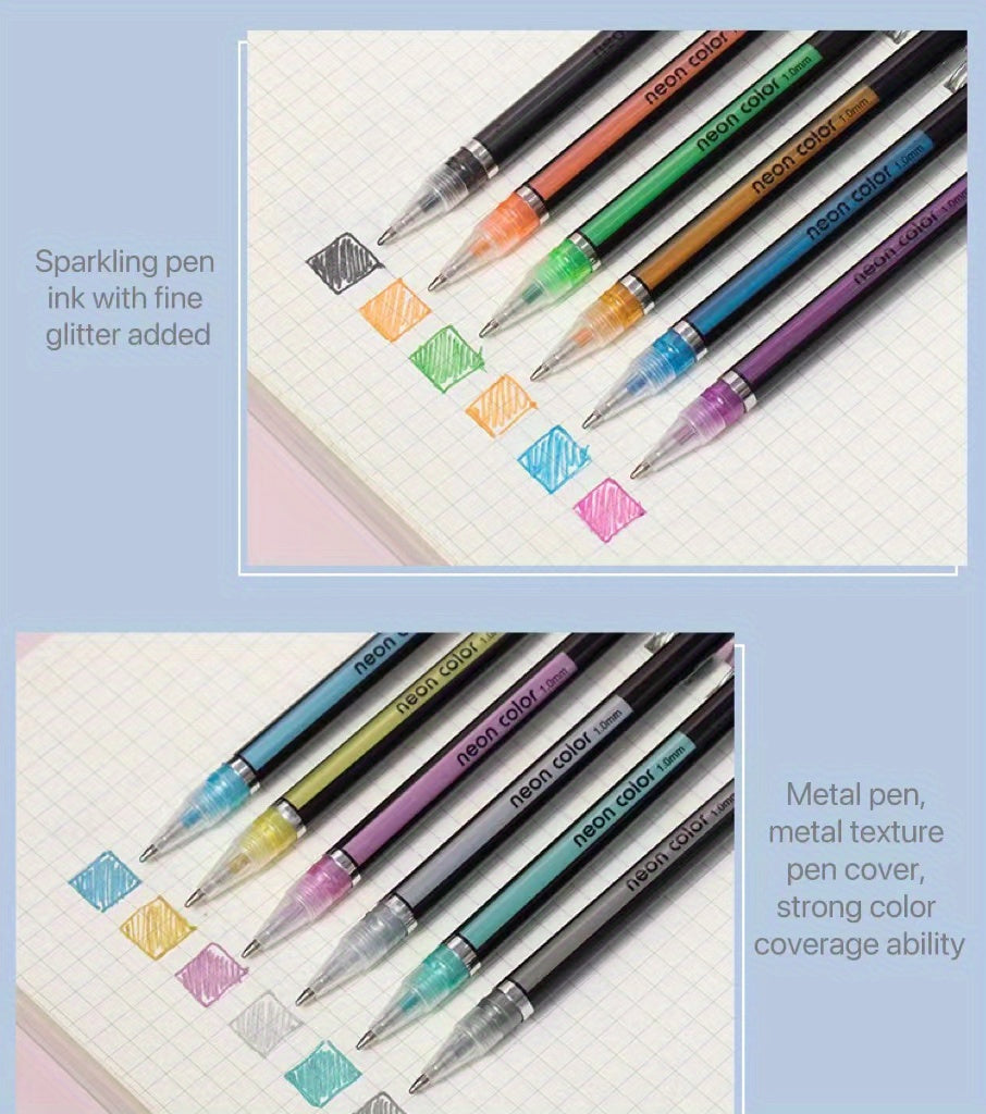 Colorful pens with glitter ink and metal texture on a light blue background