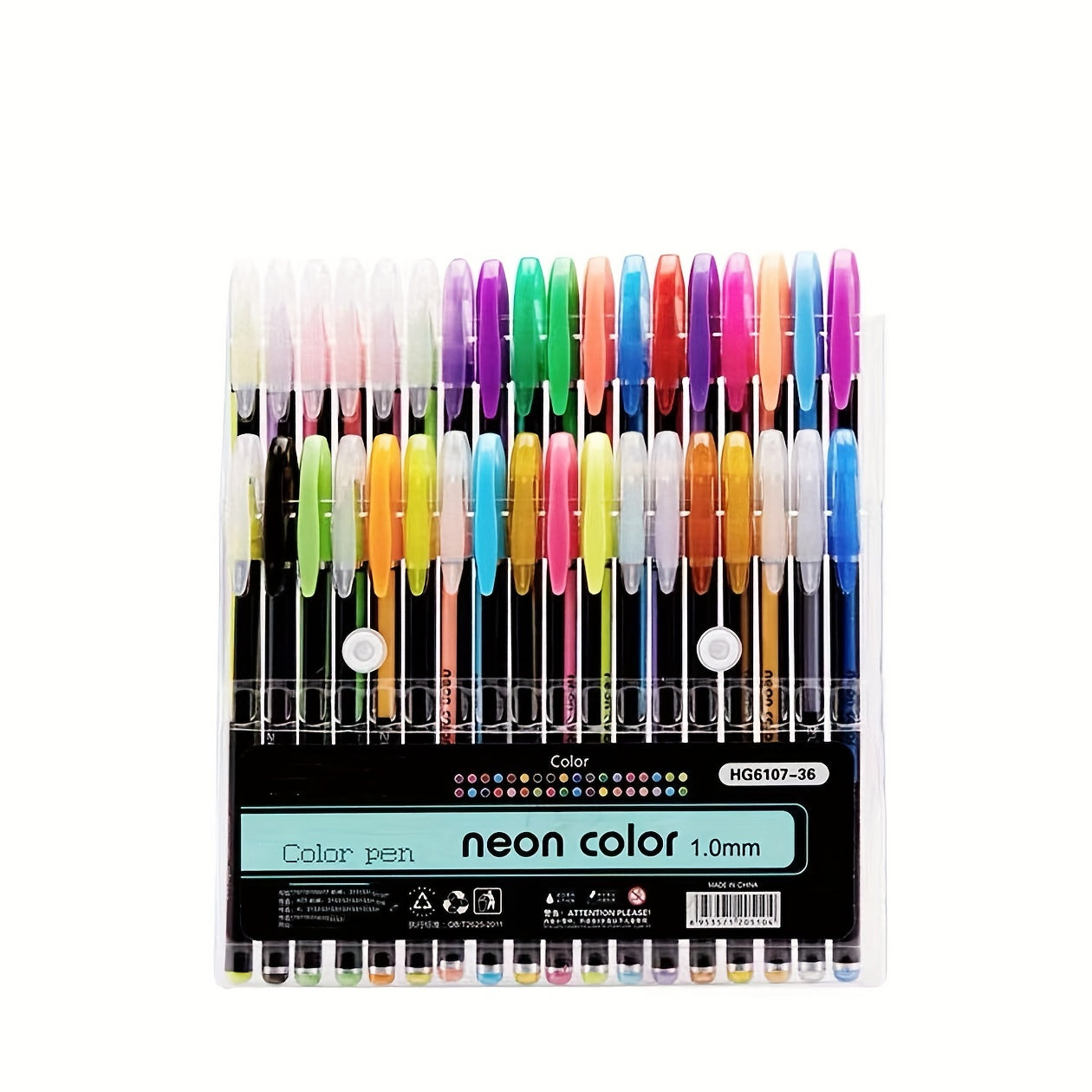 Pack of neon color pens with clear plastic packaging on a white background